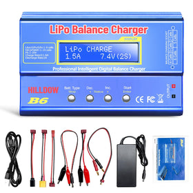 Hilldow B6 charger front view, compact design for portable RC battery charging