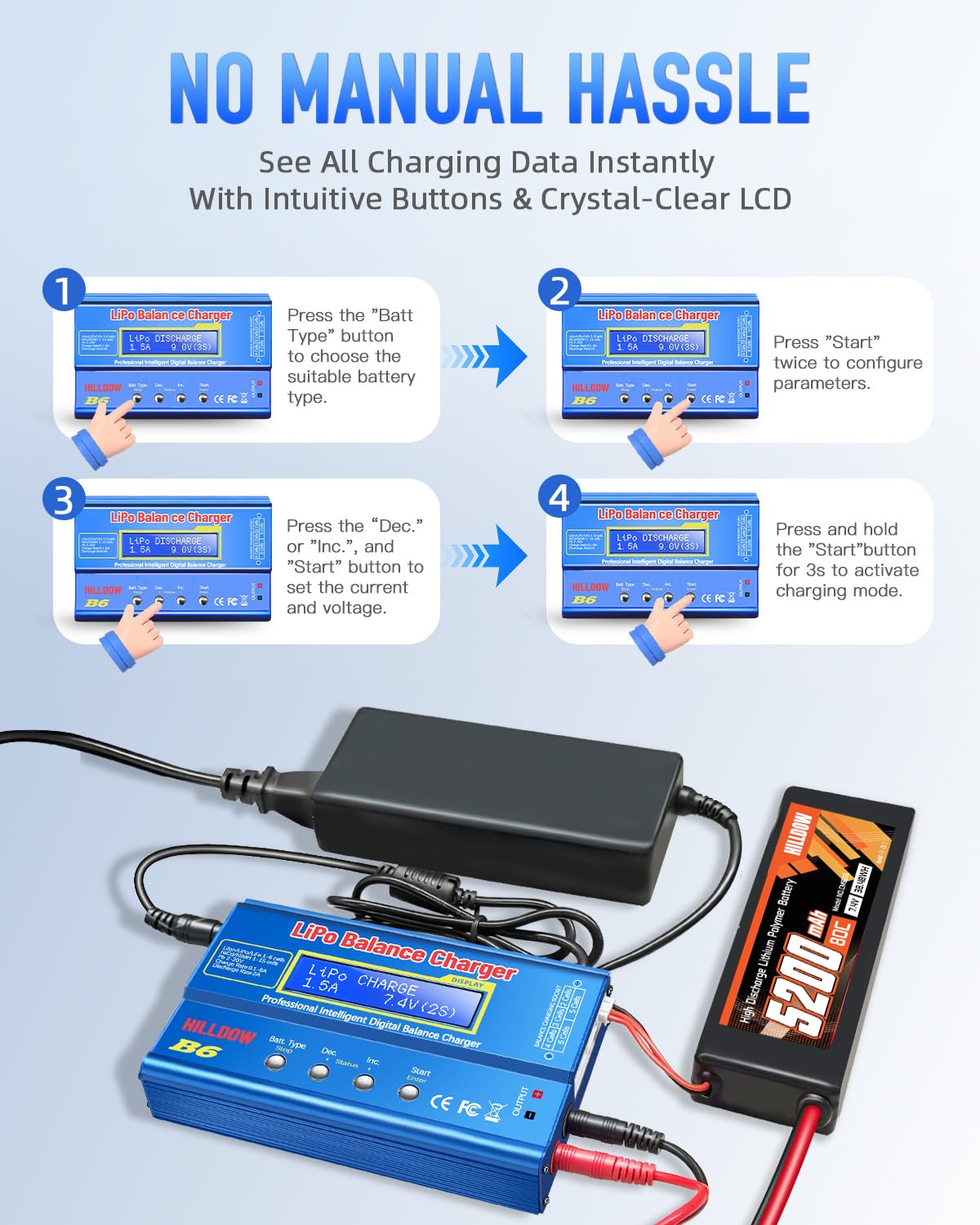 Hilldow B6 charger LCD display shows charging status at a glance