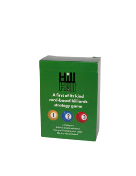 Hill Hill deck on table demonstrates card-based setup for strategic billiards practice.