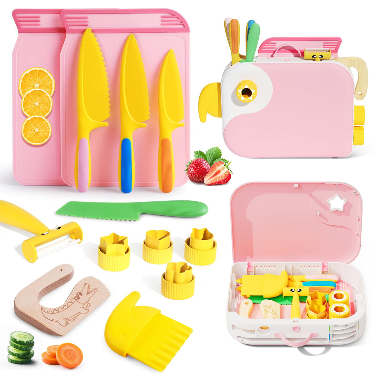 Hilsoeet pink storage box keeps toddler kitchen tools organized for easy cleanup