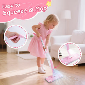 Hilsoeet Kids Spray Mop Pink trigger demonstrates real spray action for learning.