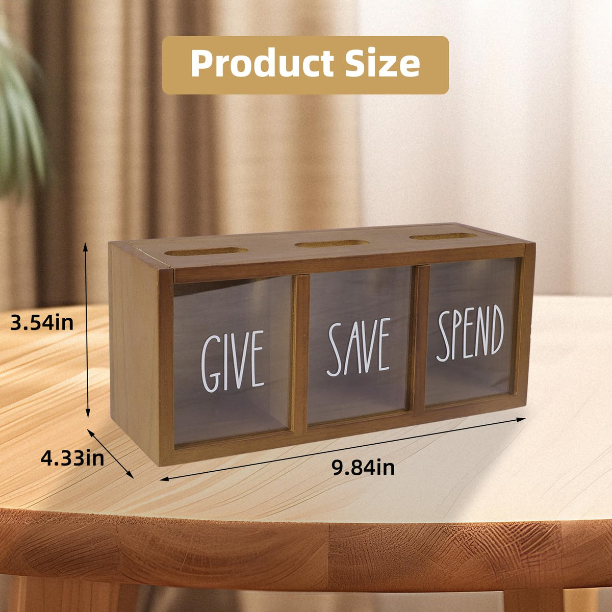 Himitimi wooden piggy bank side view showing three labeled compartments