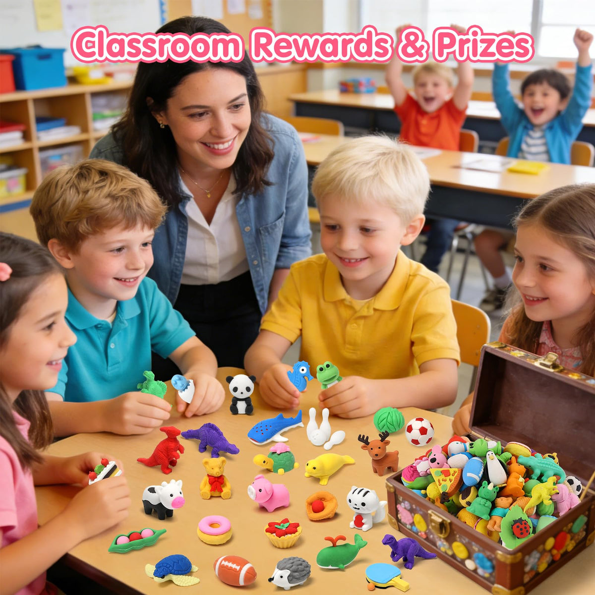 Hinzer 150-pack animal erasers variety-collection with diverse character designs for learning games.