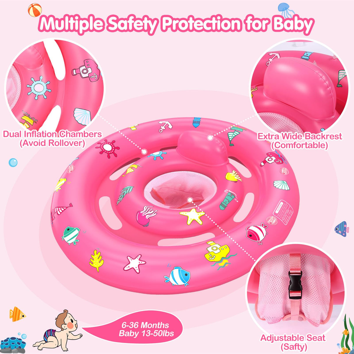 Hinzer baby float with adjustable canopy offers customizable sun shelter.