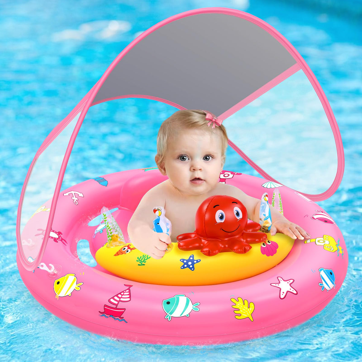 Hinzer baby float with canopy provides sun protection during pool play.