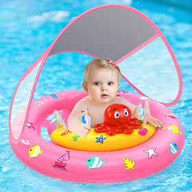 Hinzer baby float with canopy provides sun protection during pool play.