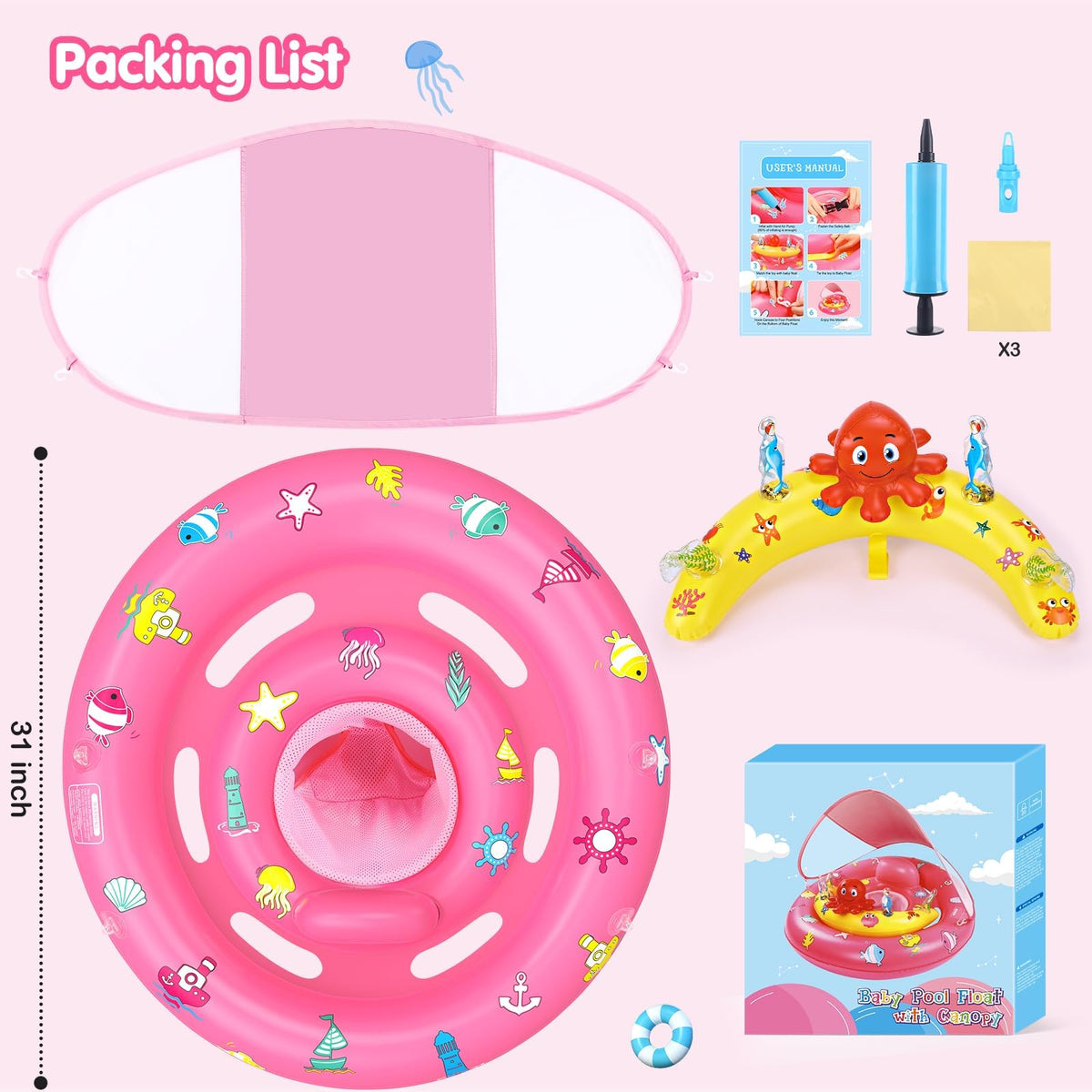 Hinzer baby float folds compactly for easy storage and transport.