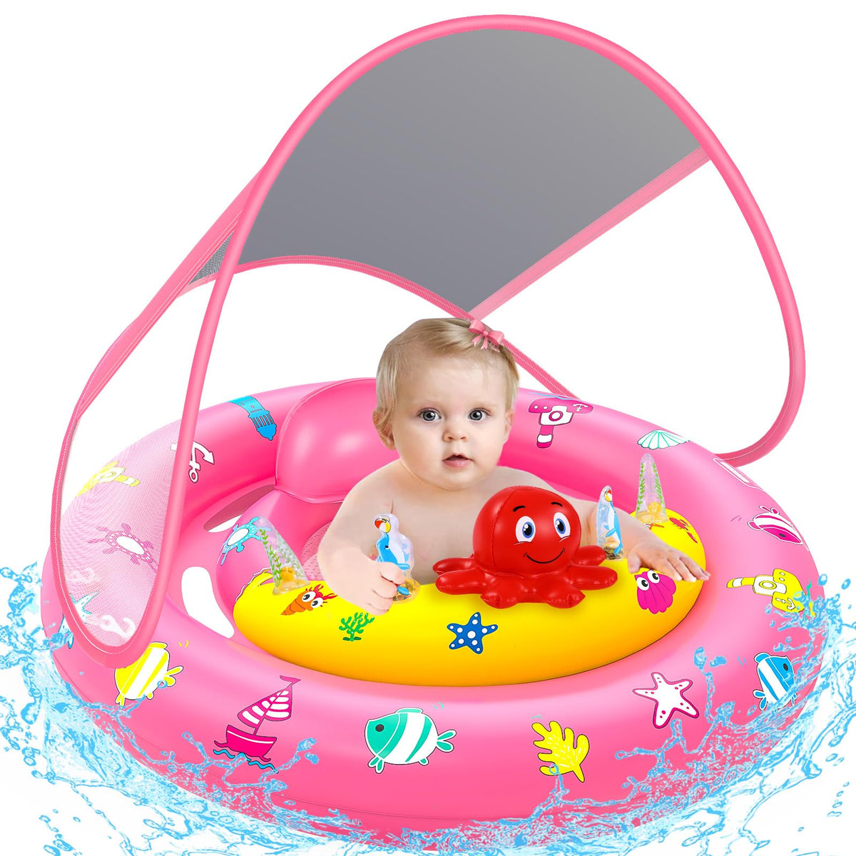 HINZER baby pool float with canopy in pink offering UPF50+ sun protection for infants