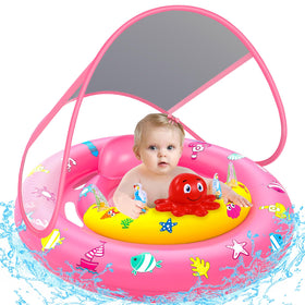 HINZER baby pool float with canopy in pink offering UPF50+ sun protection for infants