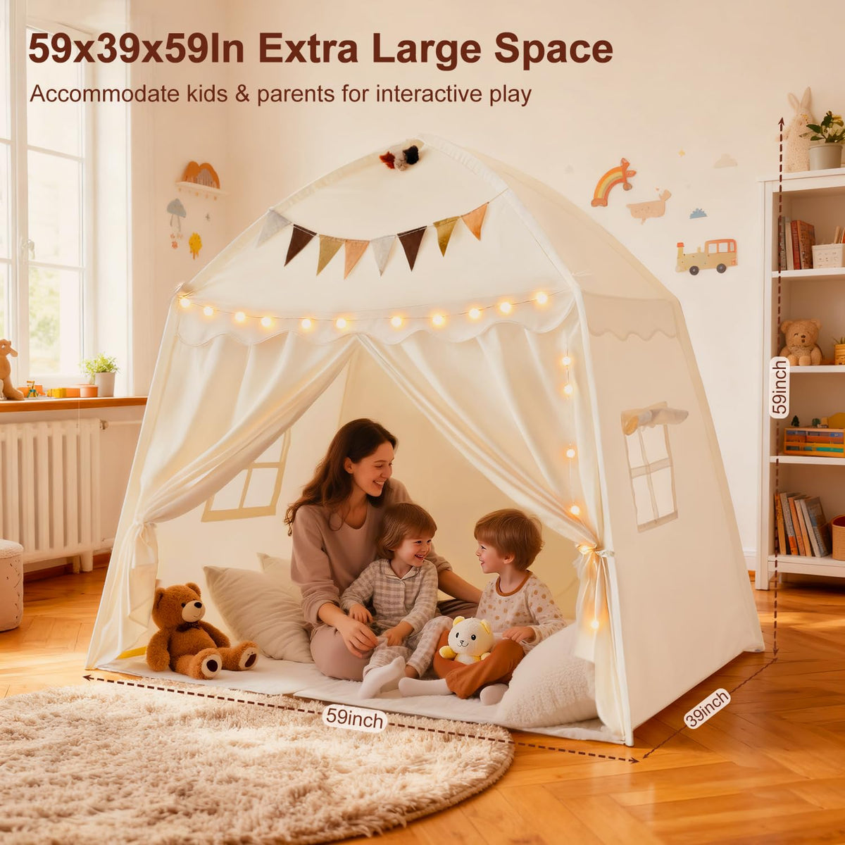 Hiromeco teepee tent interior with mesh window supports safe, supervised play.