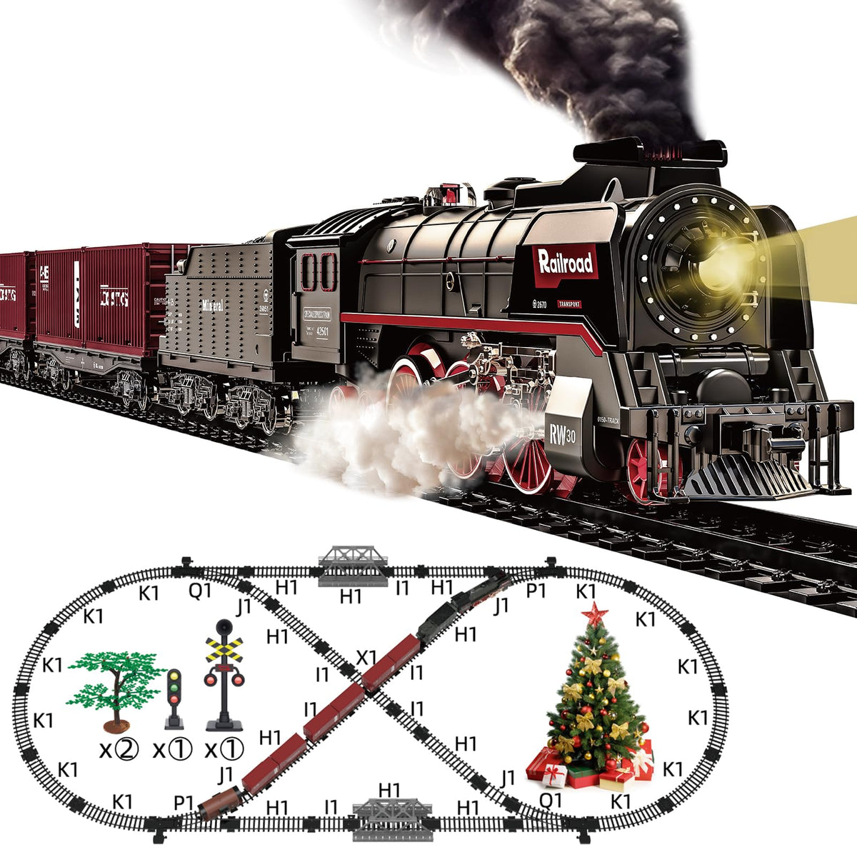 Hitish train set steam locomotive with lights for lifelike play