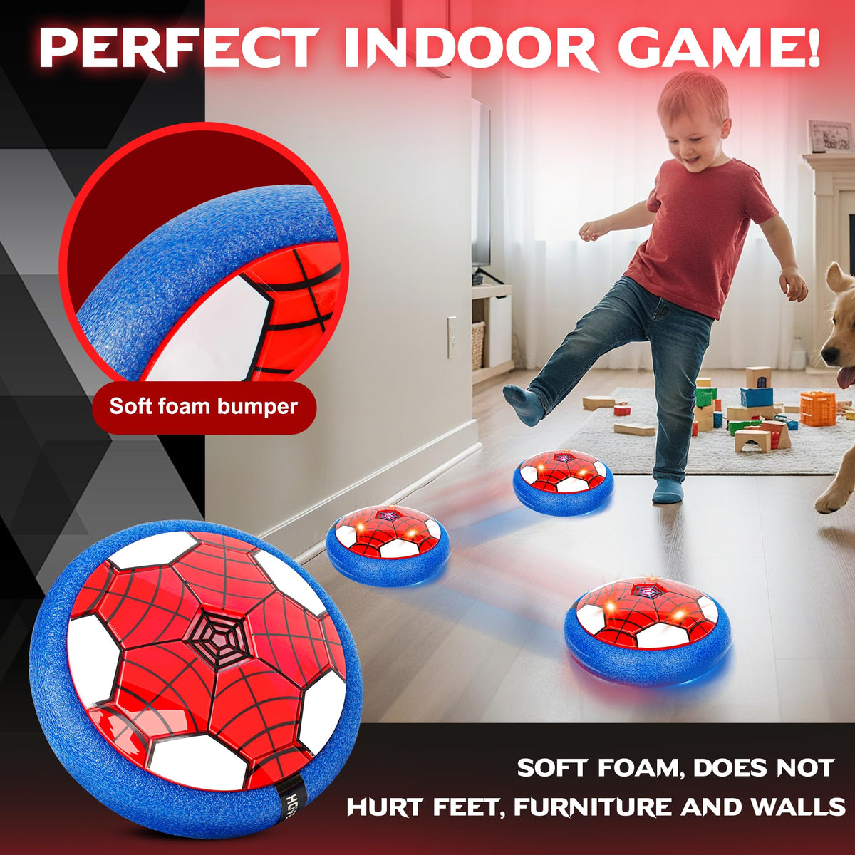 HitToys hover soccer ball with thick foam bumper protecting walls