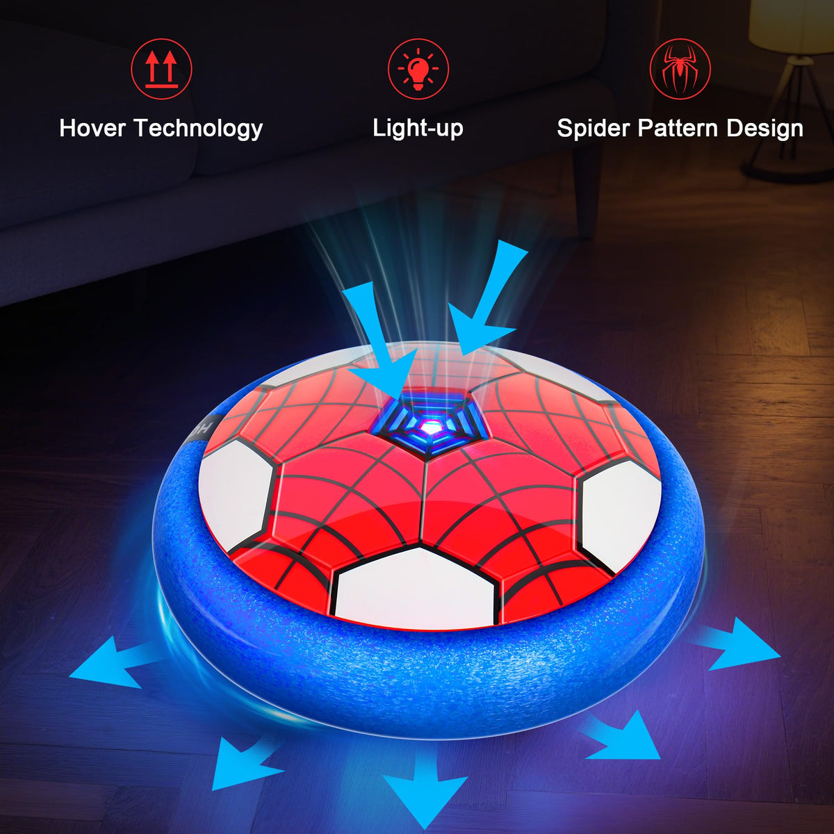 HitToys hover soccer ball with spider-web pattern in vibrant colors