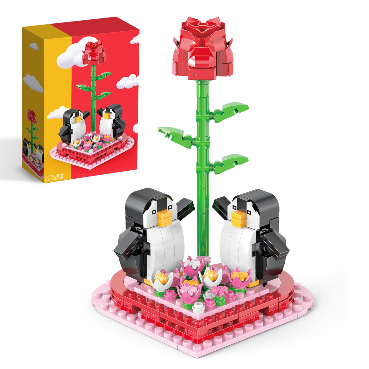 HitToys Rose Valentines Flower Blocks Set heart bouquet display for desk decor.