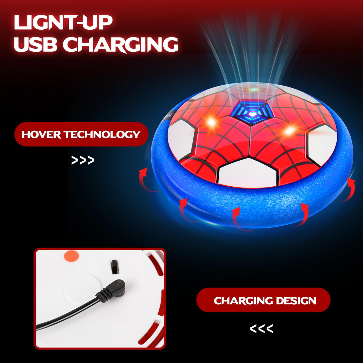 HitToys Spider Hover Ball with multi-colored LED lights brightening play in dim rooms.