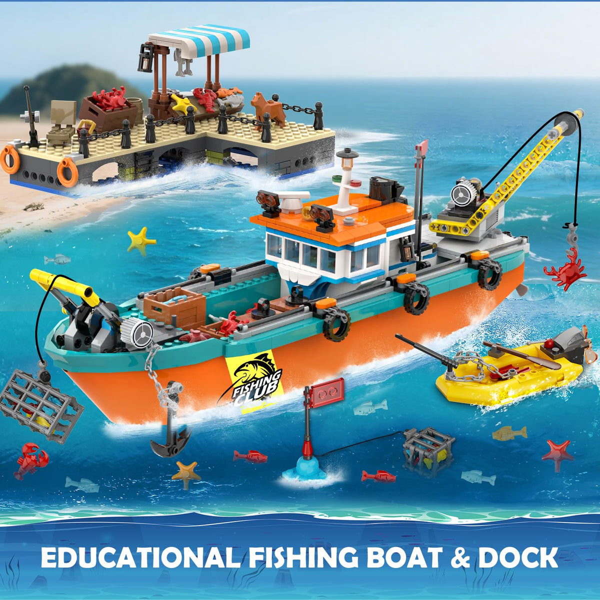 HiWEEGO dock market scene with seafood stalls for role-play trading.
