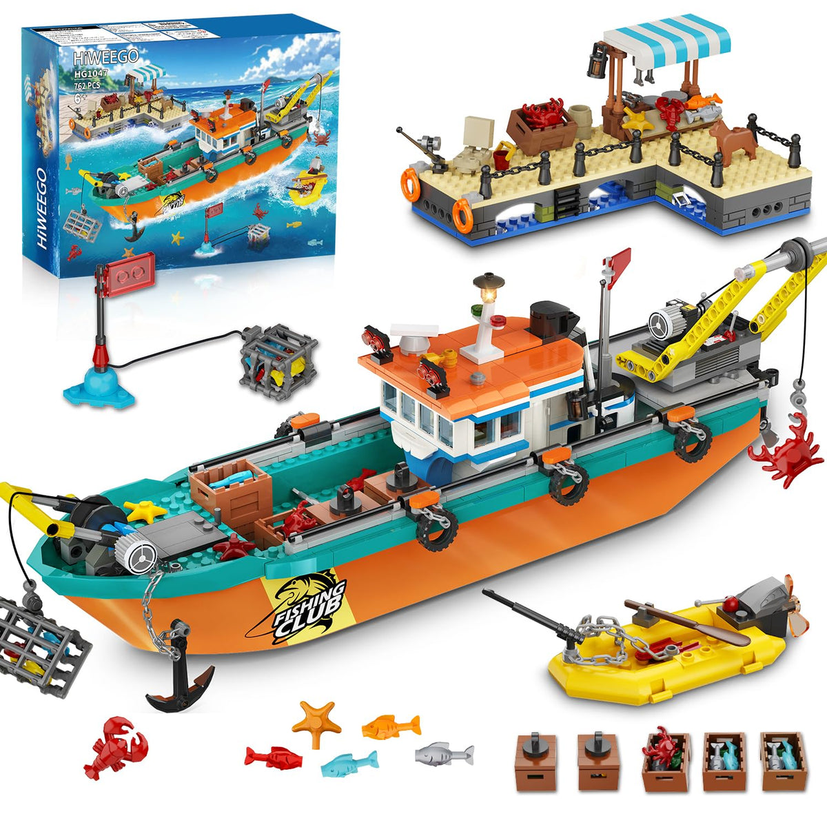 HiWEEGO City Fishing Boat Wharf Set: floating boat scene for imaginative seaside adventures.