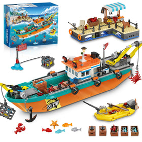 HiWEEGO City Fishing Boat Wharf Set: floating boat scene for imaginative seaside adventures.