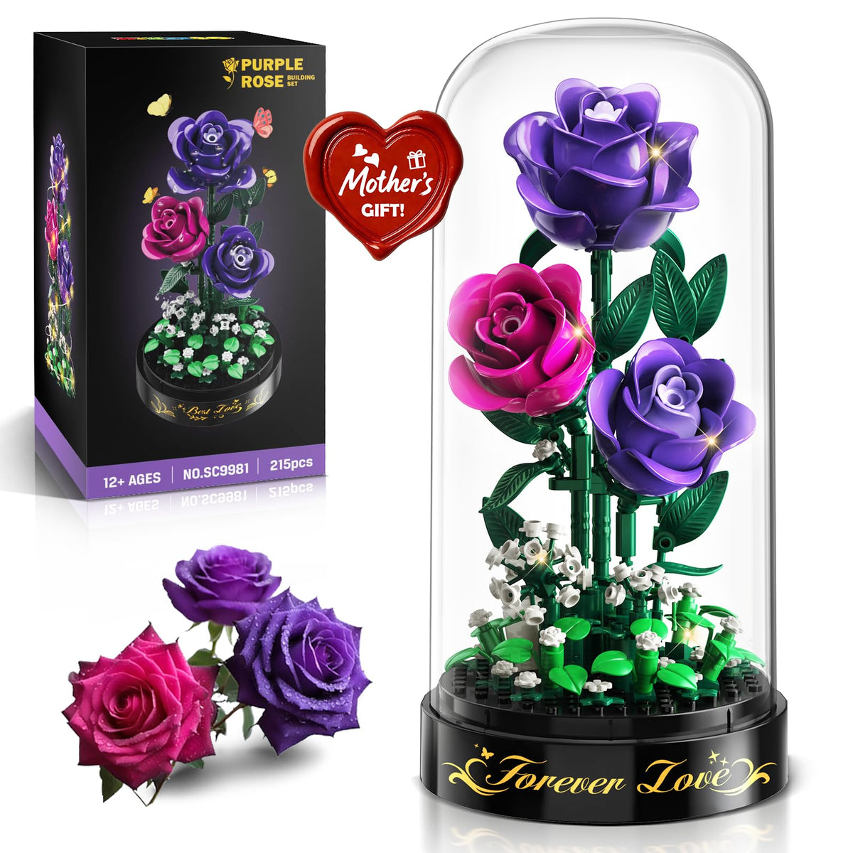 HiWEEGO Flowers Building Set with LED Light, purple rose cover for ambient decor.