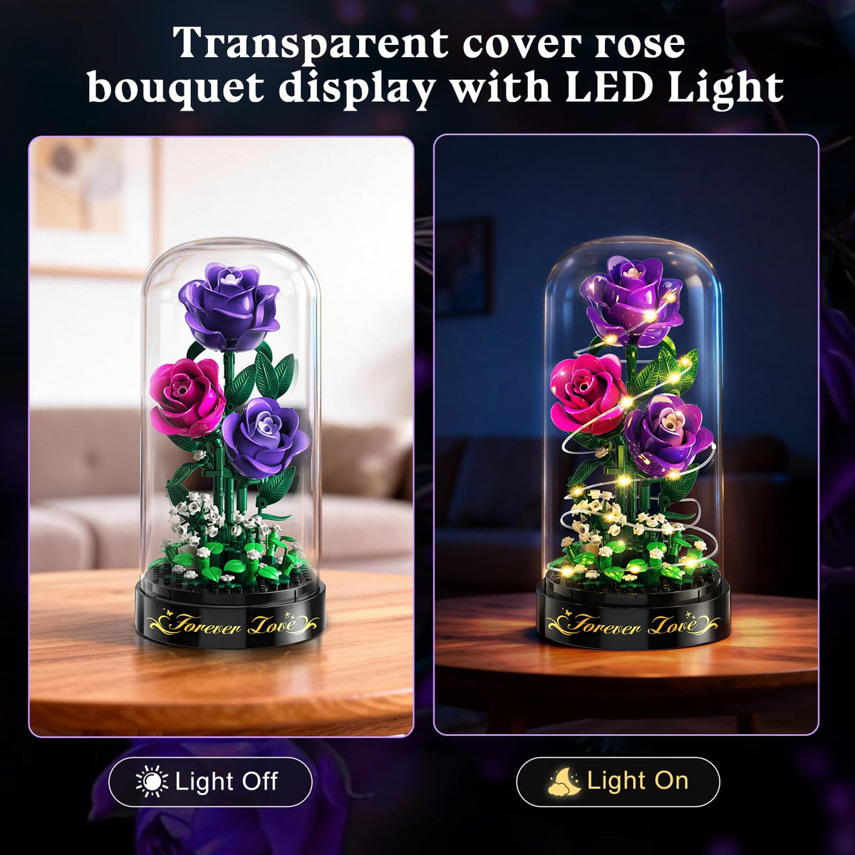 HiWEEGO rose-red bouquet building set highlights vibrant colors under LED.