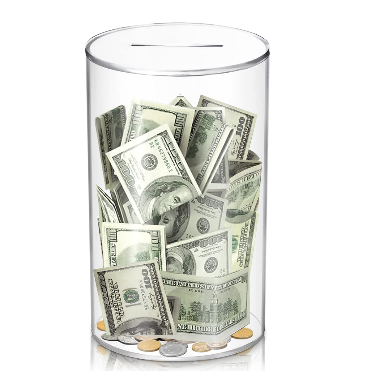 Hizgo clear acrylic adult piggy bank showing transparent fund visibility.
