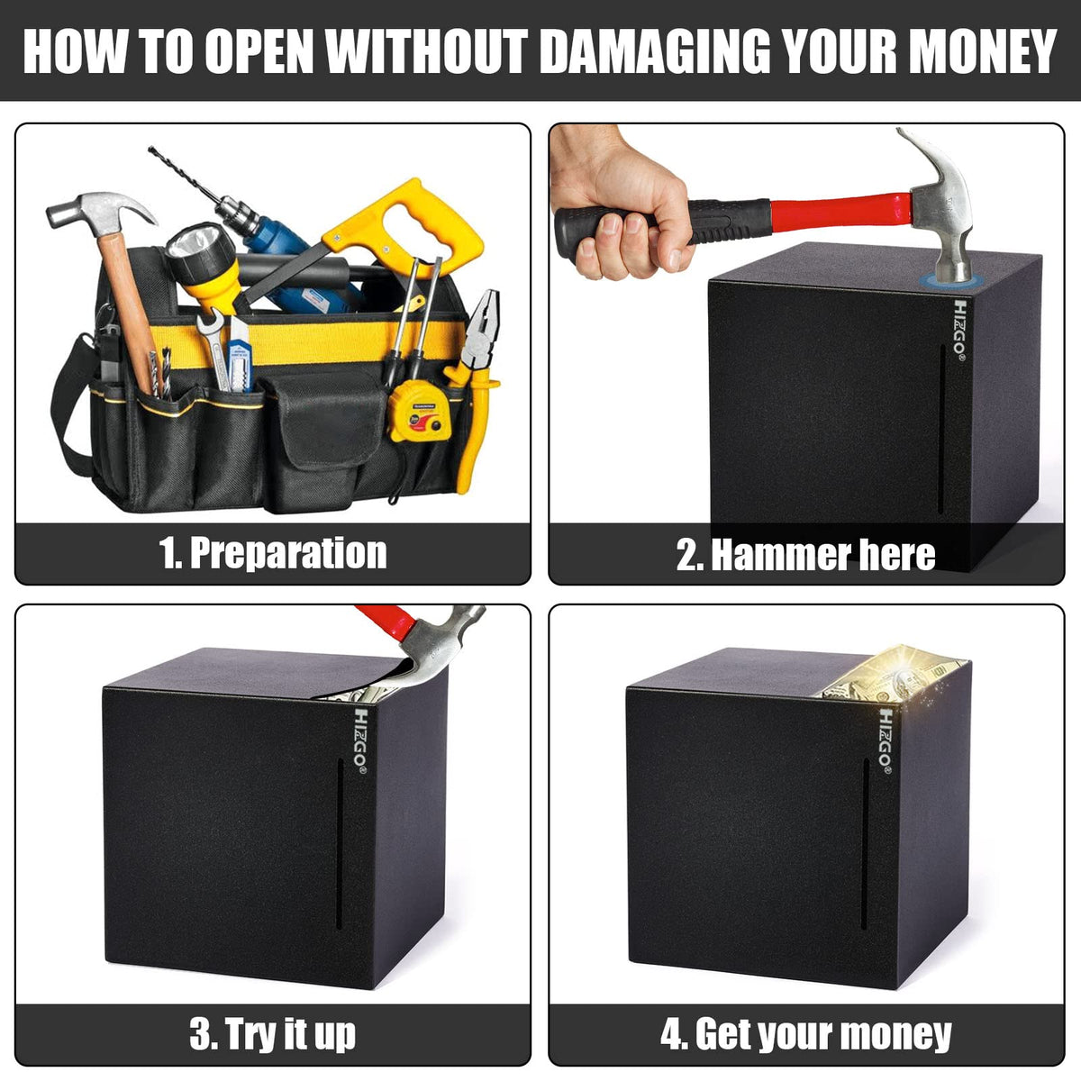 Hizgo break-to-open design with hammer access for deliberate saving