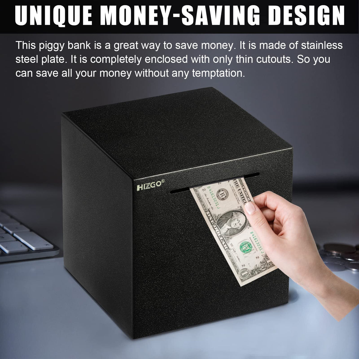 Hizgo durable metal money box built to last for years.
