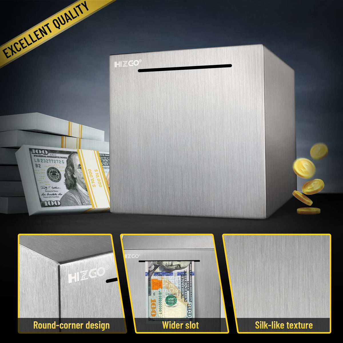 Hizgo Piggy Bank brushed texture highlights sturdy steel for daily saving.