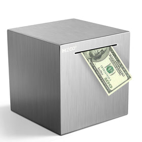 Hizgo Piggy Bank stainless steel close-up shows durable construction for long-term savings.