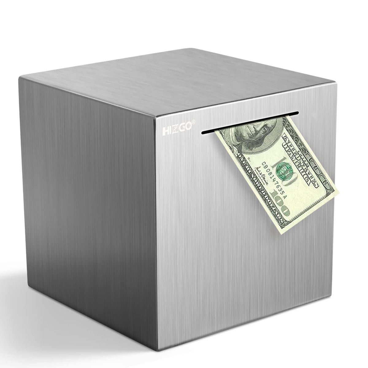 Hizgo piggy bank close-up showing premium stainless steel texture