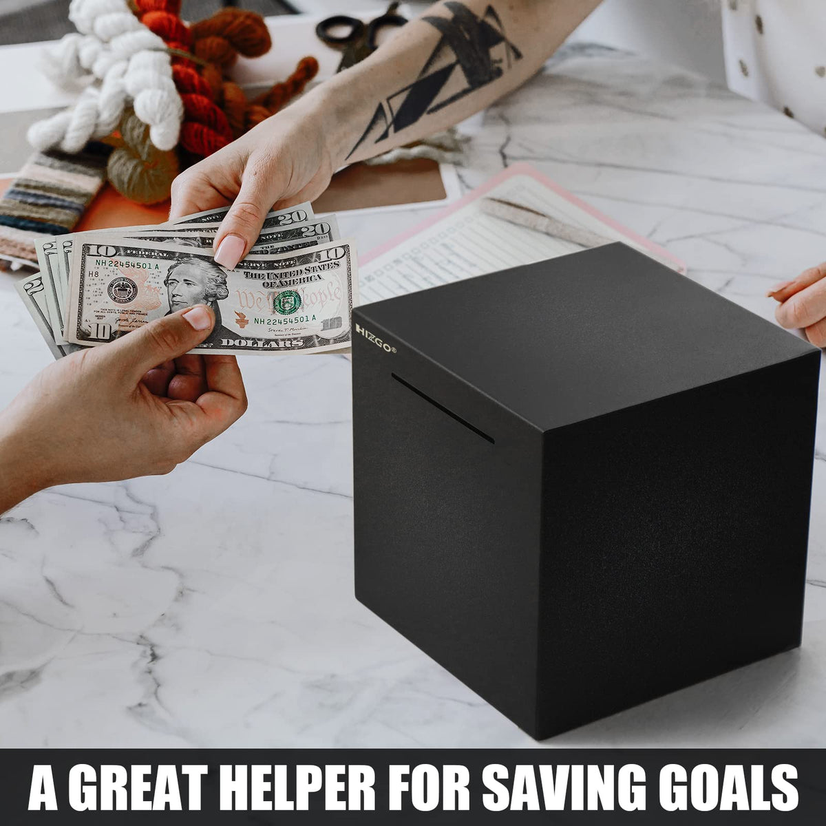 Hizgo six-sided metal box with a single coin slot.