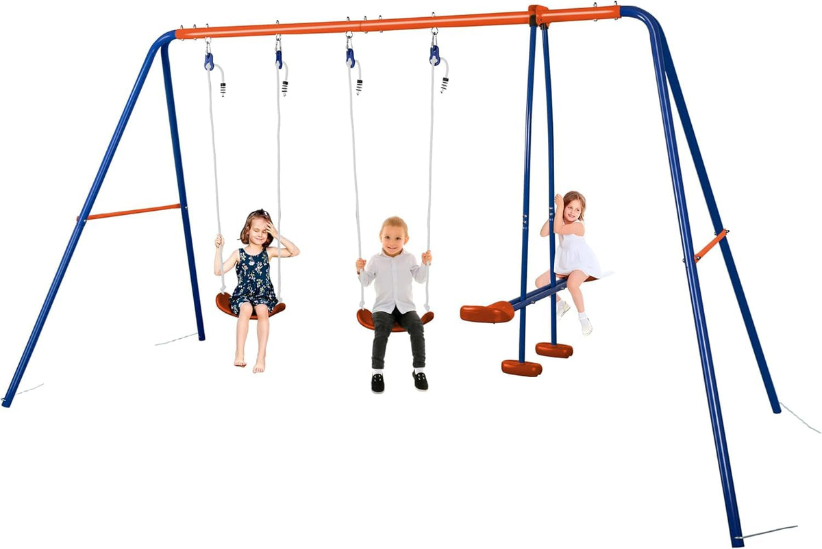 HLC metal kids garden swing set with triangle-structure for sturdy backyard stability