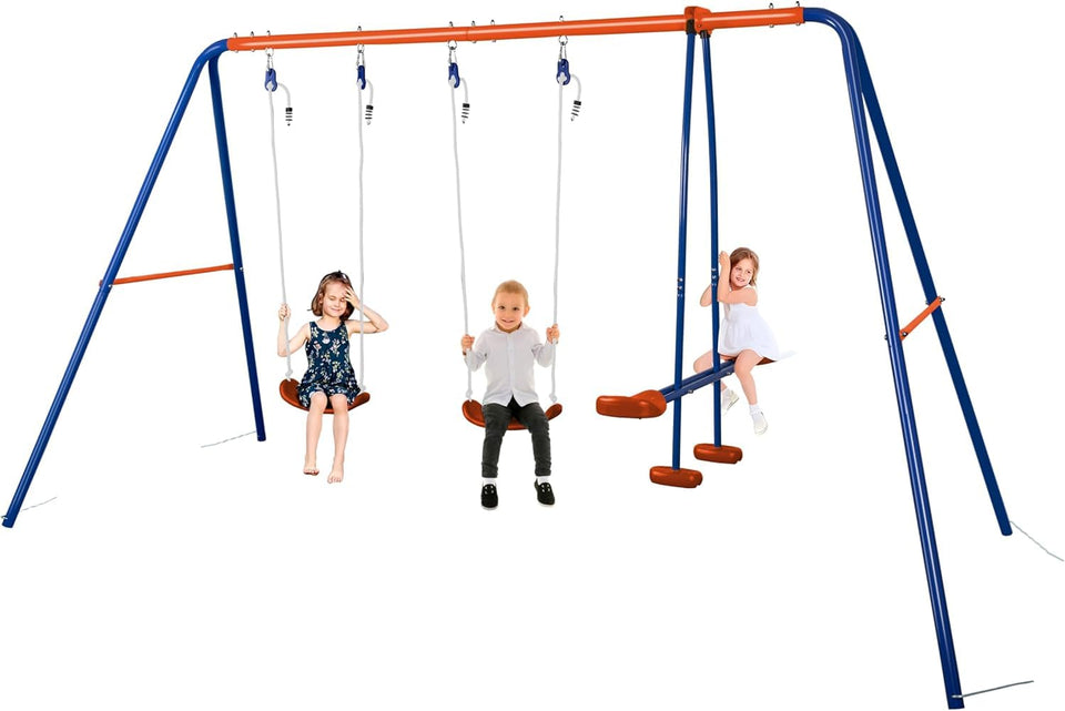 HLC metal kids garden swing set with triangle-structure for sturdy backyard stability