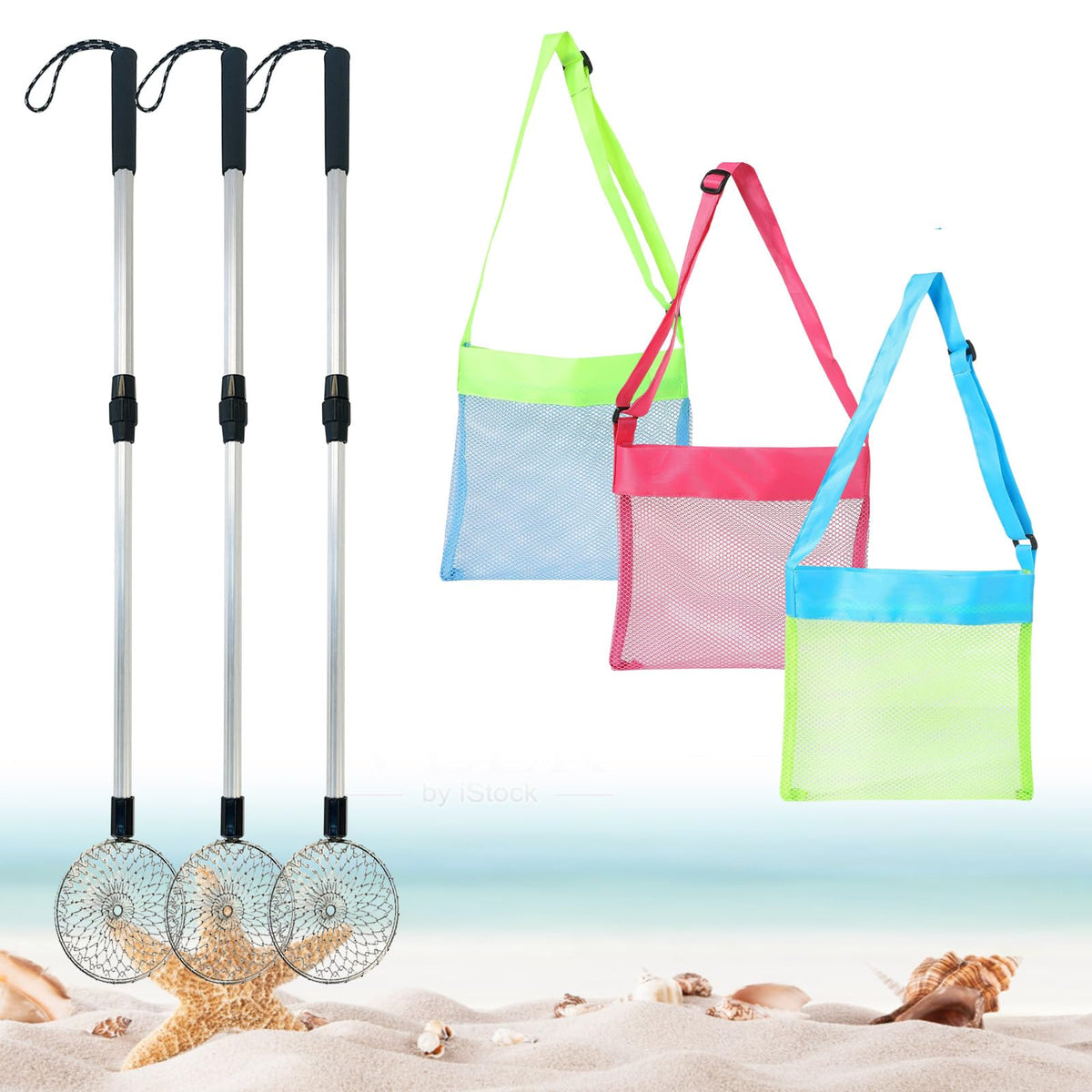 Hlimior beach sand sifter with telescoping pole for easy reach during coastal treasure hunts.
