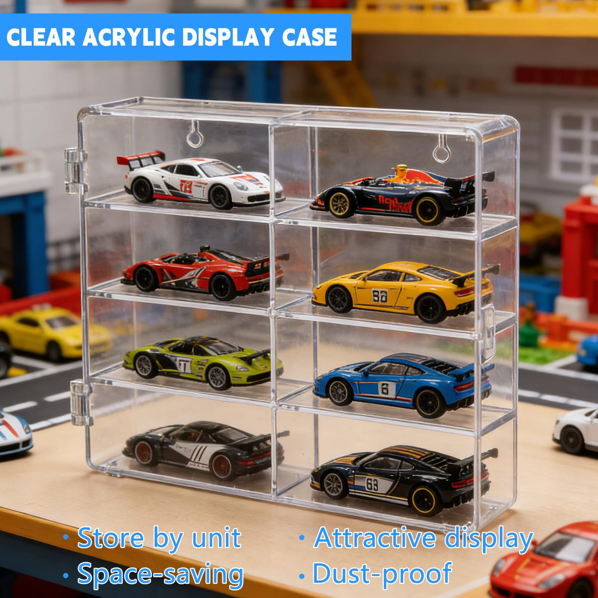 Hlimior stackable display units arranged vertically for space saving