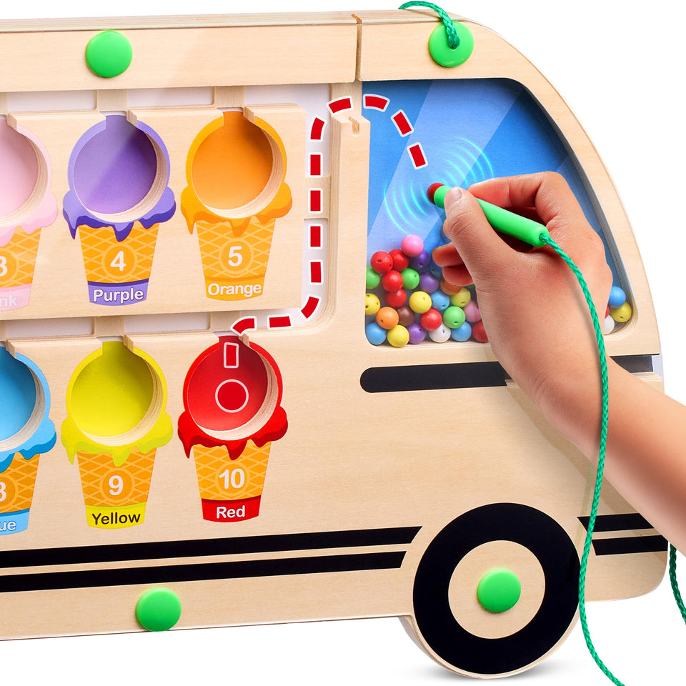HMmagnets ice cream truck maze board boosts color recognition and fine motor skills.