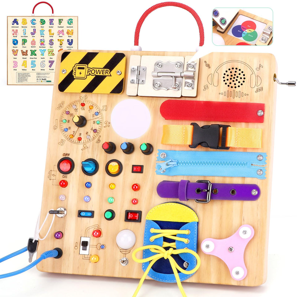 Hoarosall 23-in-1 Montessori busy board front view boosts fine motor skills and focus.