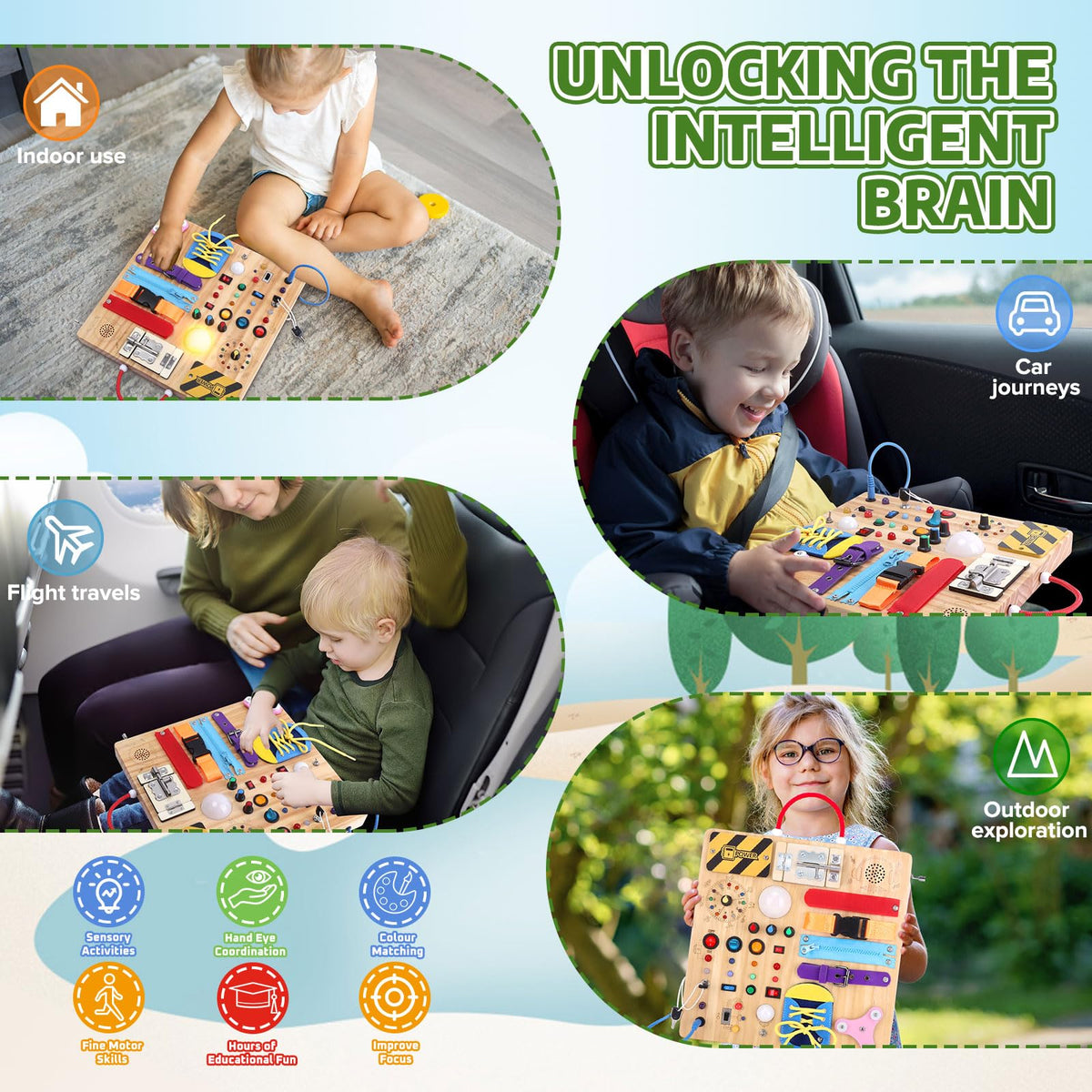 Hoarosall 23-in-1 Montessori busy board crafted from safe sanded wood with rounded edges.