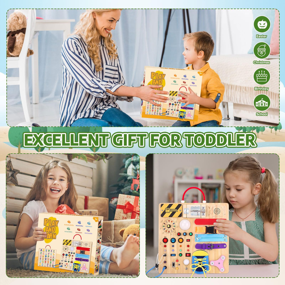 Hoarosall 23-in-1 Montessori busy board travel-compact design for on-the-go quiet play.