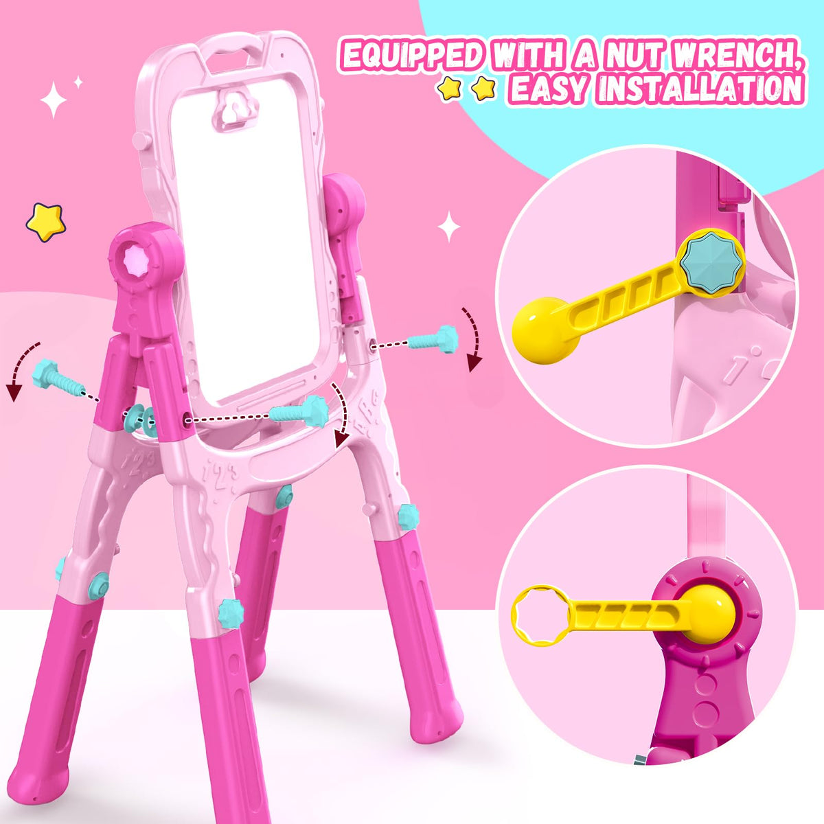 Adjustable-height legs on Hoarosall pink art easel
