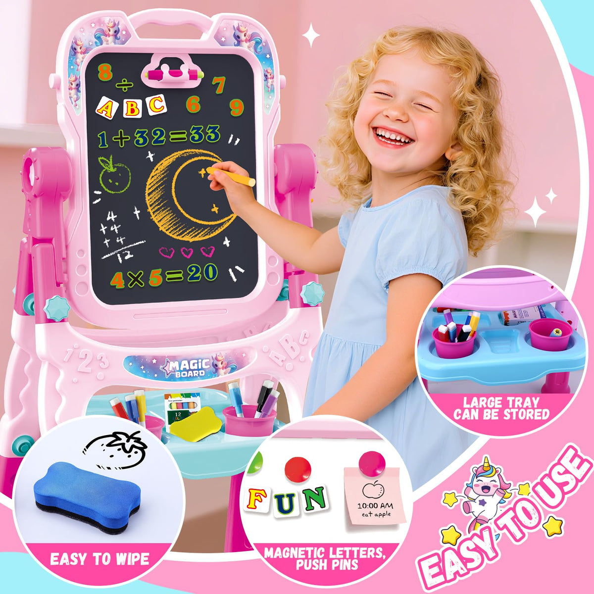 Hoarosall blackboard side on pink easel for handwriting practice