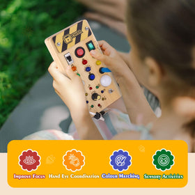 Hoarosall handcrafted wooden busy board with smooth edges for gentle toddler play.
