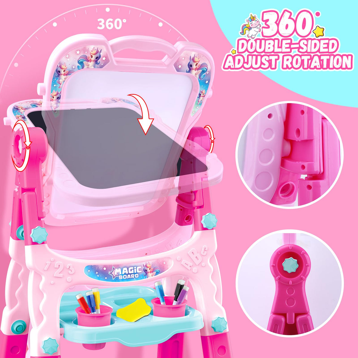 Hoarosall magnetic whiteboard side on pink easel for mess-free doodling