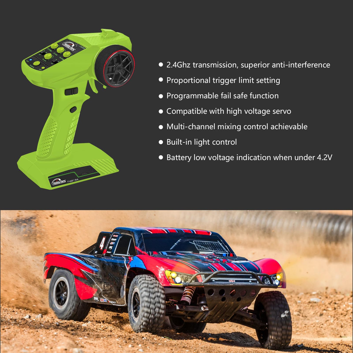 Hobby Fans RC radio system side view emphasizing ergonomic grip and controls.