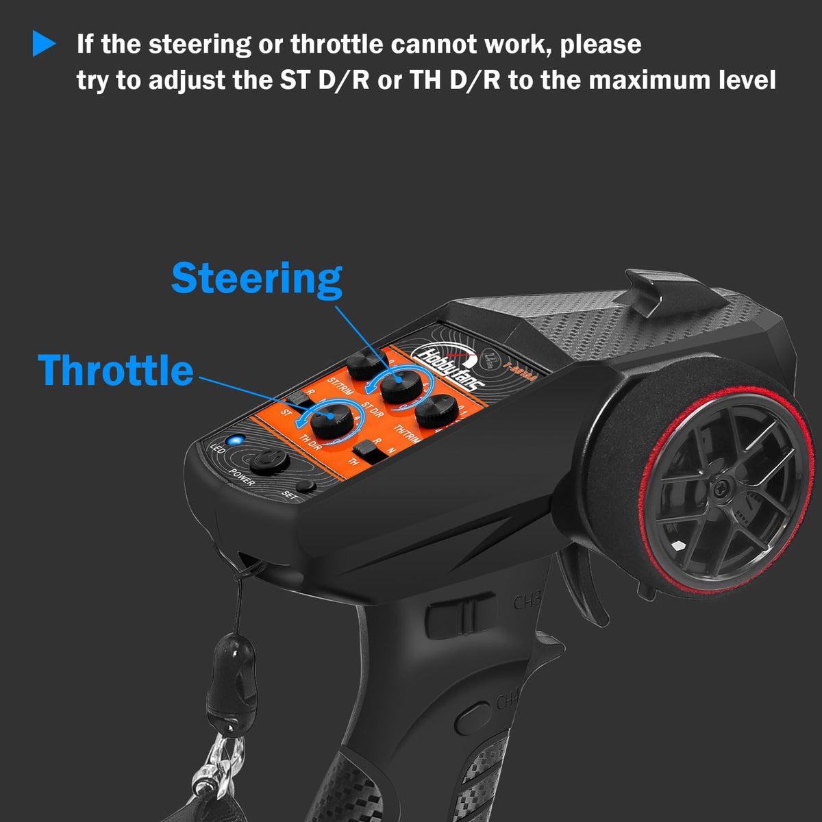Hobby Fans RC transmitter with adjustable neck strap for comfort.