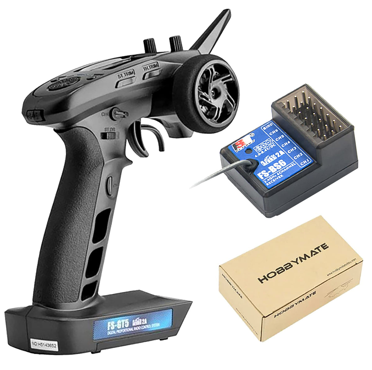 Hobbymate FS GT5 transmitter front view with ergonomic grip for precise steering.