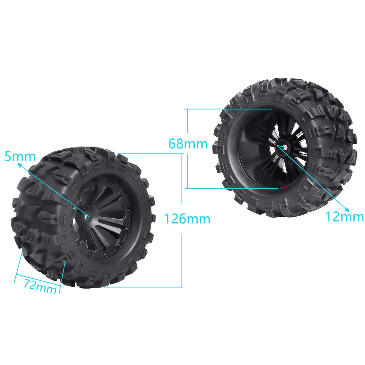 HobbyPark monster truck tire showcases 126mm outer diameter for off-road grip.