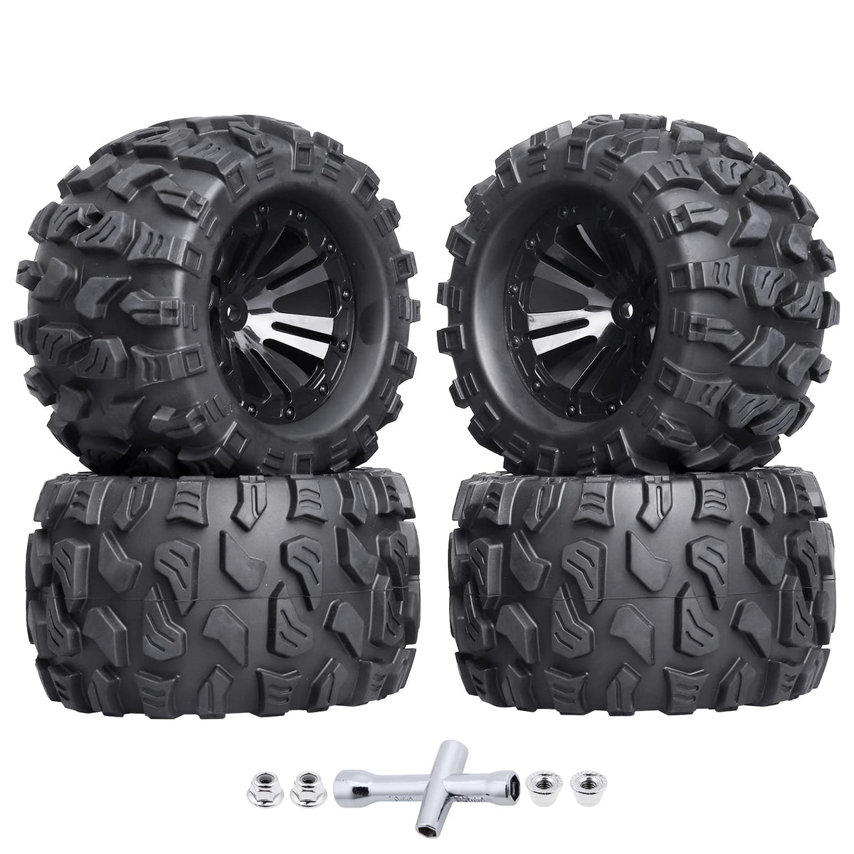 HobbyPark pre-glued tires with 12mm hex wheels for RC trucks, ready for brushless power.