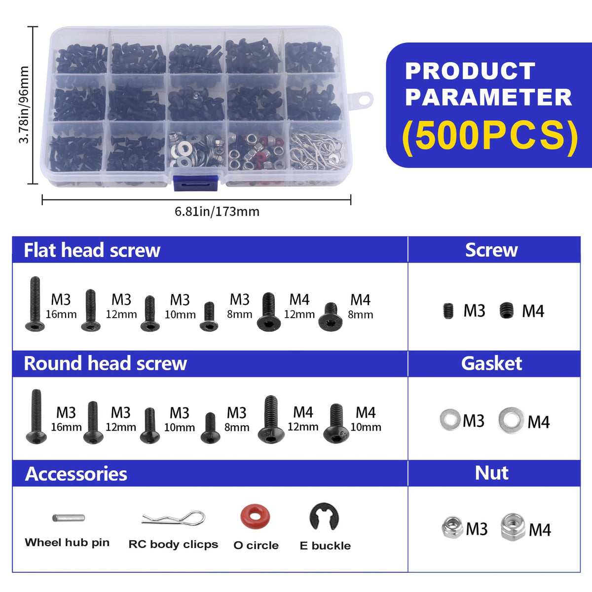HobbyPark universal RC screws variety showing M3 and M4 sizes for model builds.