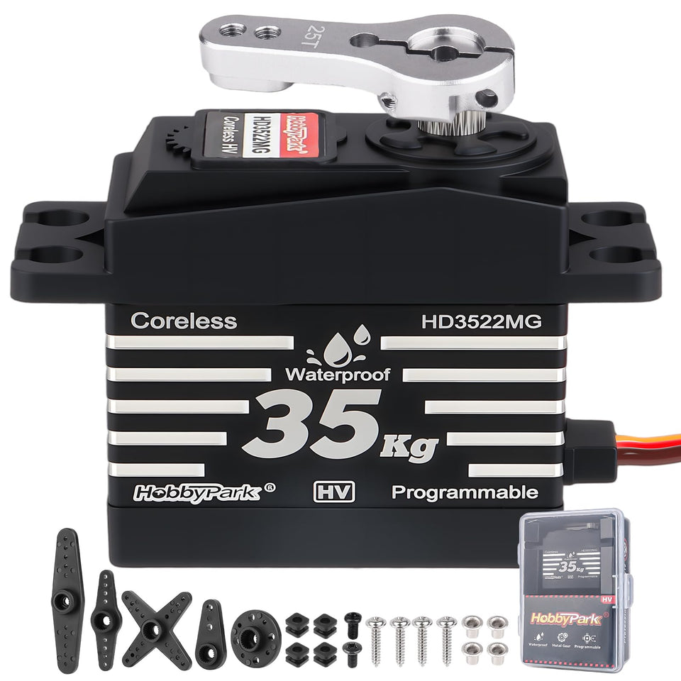 HobbyPark waterproof 35kg servo motor for all-weather RC reliability.